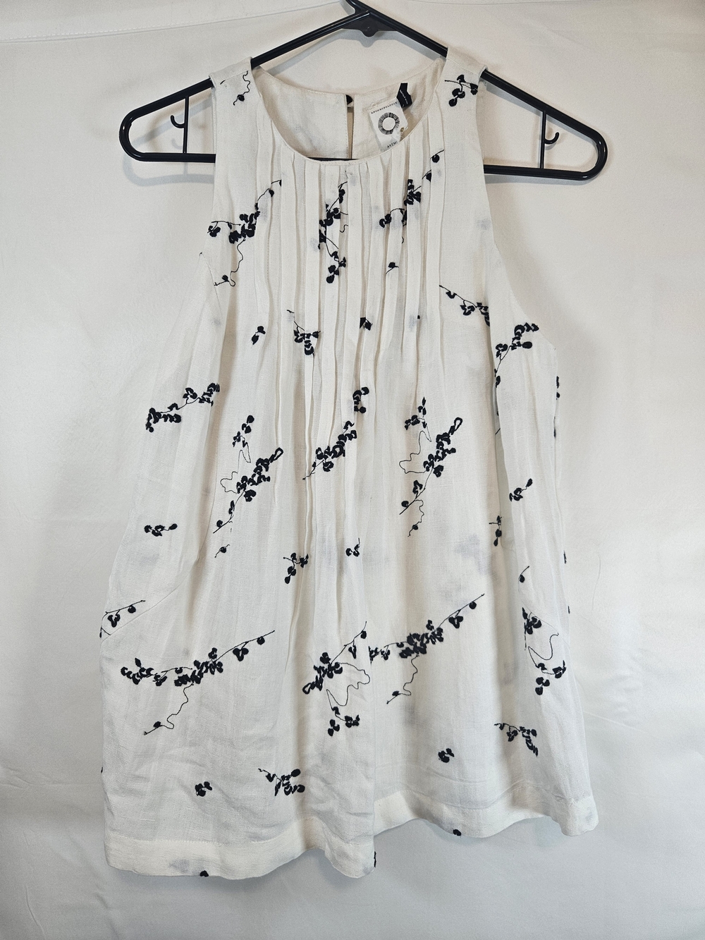 Anthropologie White Sleeveless Camisole with Black Floral Embroidery Casual